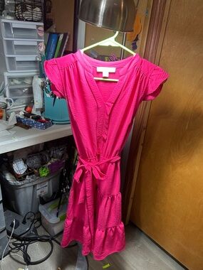 Monteau Hot Pink V-Neck Tiered Dress